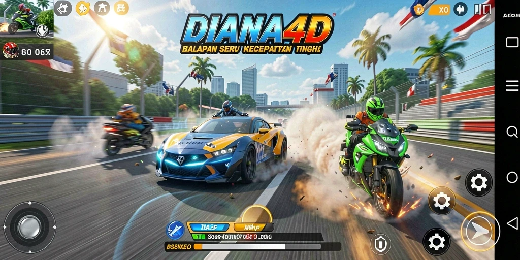 Tampilan gameplay balapan seru di DIANA4D dengan mobil dan trek yang menakjubkan.