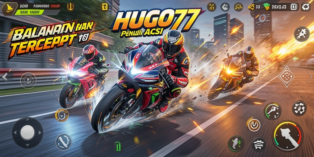 Tampilan gameplay HUGO77 dengan motor balap di trek menantang.