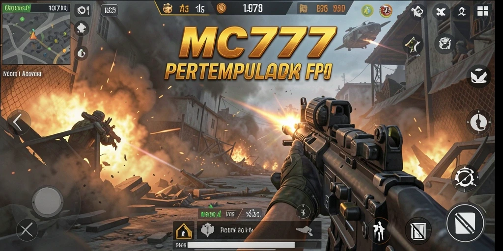 Screenshot gameplay MC777 menunjukkan aksi tembak-menembak yang intens dalam mode FPS.