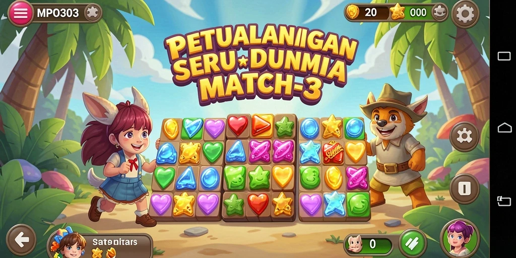 Screenshot utama MPO303 menampilkan gameplay seru saat mencocokkan permata.