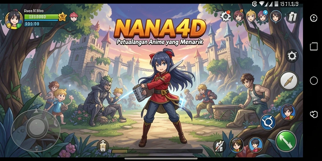 Tampilan gameplay NANA4D dengan karakter anime yang beraksi.