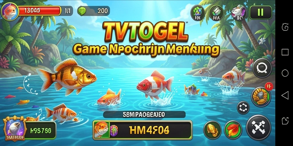 Screenshot gameplay TVTOGEL menampilkan aksi seru memancing di danau.