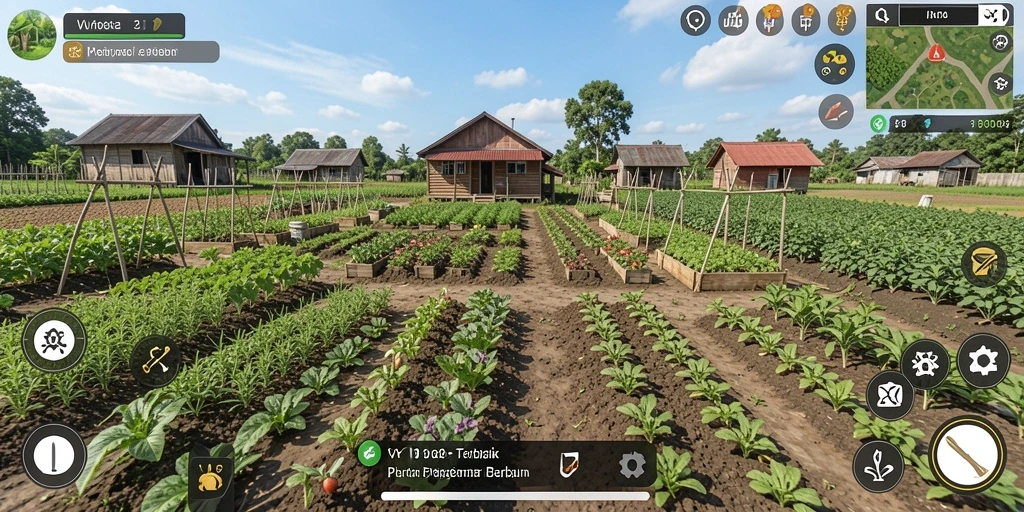 Tampilan gameplay VV62 menampilkan ladang hijau yang subur dan aktivitas bertani.